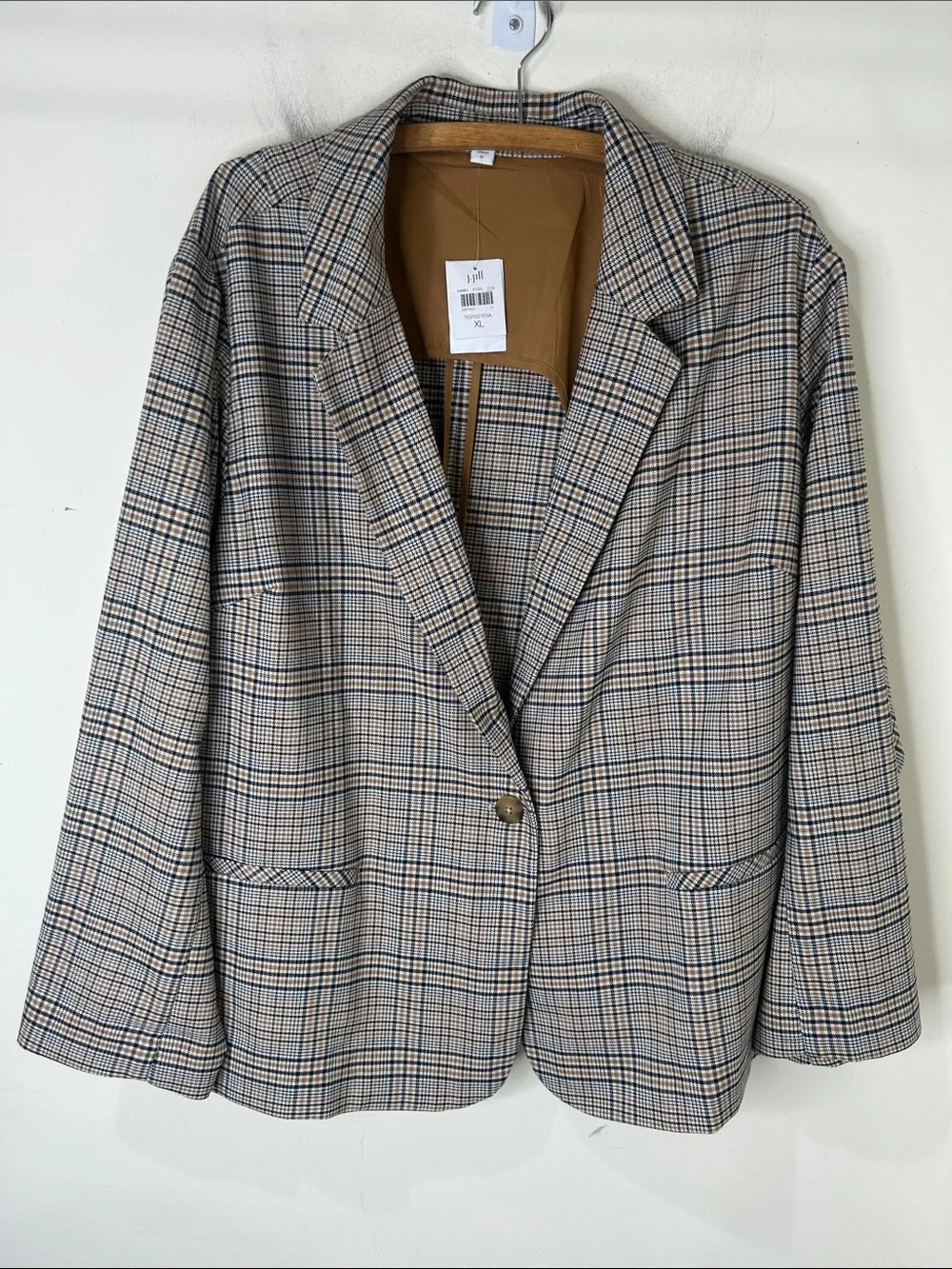 NWT J. JILL Brown Mendocino Houndstooth Plaid One Button Closure Blazer Size XL
